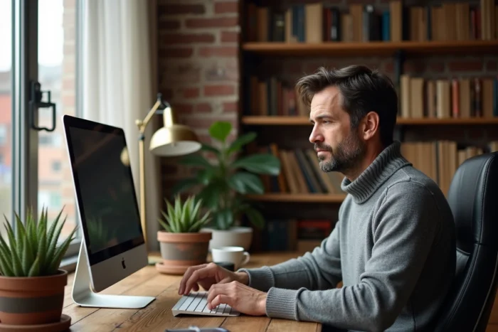 Homme en télétravail rédigeant un email professionnel depuis son bureau à domicile, cherchant une alternative créative à la formule de politesse finale