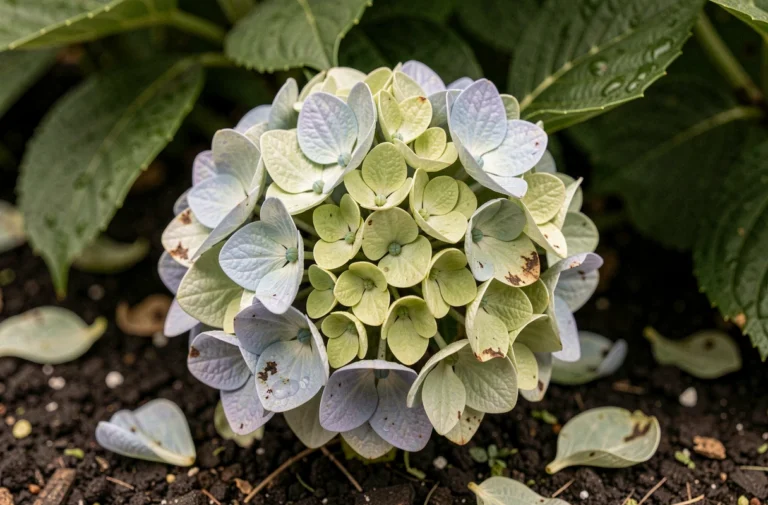 Fleurs d'hortensia qui virent au vert sur un pied en pleine terre, montrant la transition de couleur caractéristique due au vieillissement ou à un déséquilibre nutritionnel