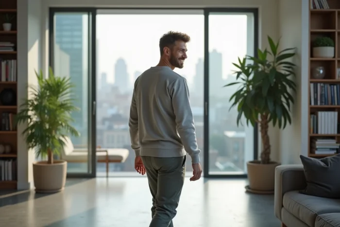 Homme marchant dans un appartement moderne et lumineux avec vue sur la ville, reflétant le cadre de vie contemporain d'Hugo Antakis fils de Marie-Ange Nardi