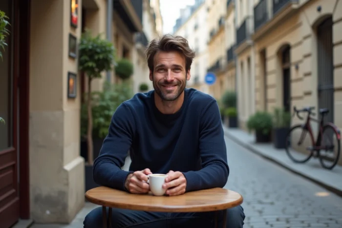 Jeune homme dégustant un café en terrasse dans une rue pavée parisienne, illustration du quotidien discret du fils de la présentatrice Marie-Ange Nardi