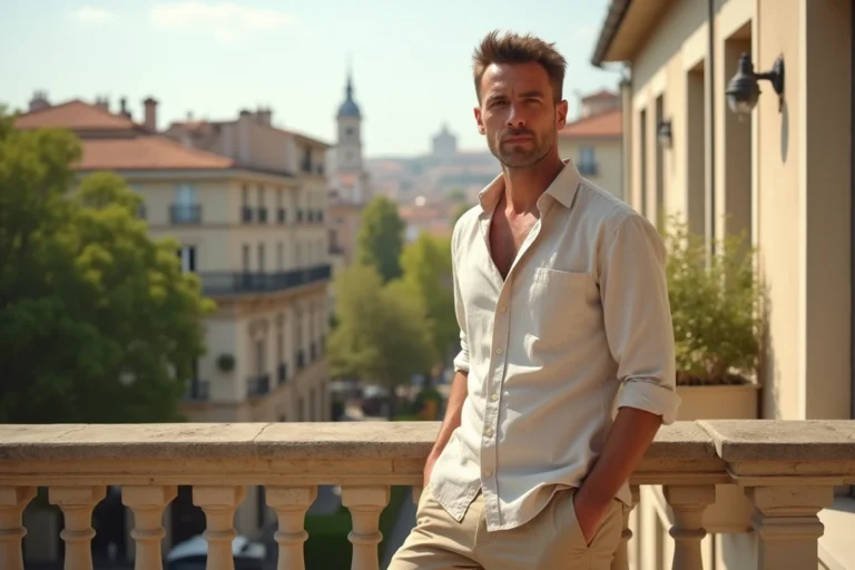 Homme élégant sur une terrasse urbaine européenne contemplant un panorama de toits, évoquant le cadre de vie raffiné du fils de Marie-Ange Nardi
