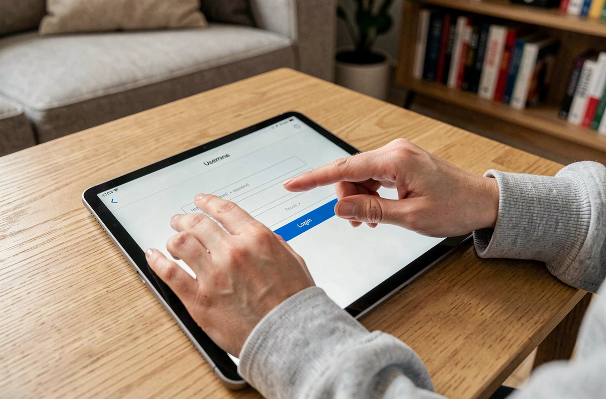 Gros plan sur des mains entrant les identifiants de connexion Quintonic sur une tablette posée sur une table basse