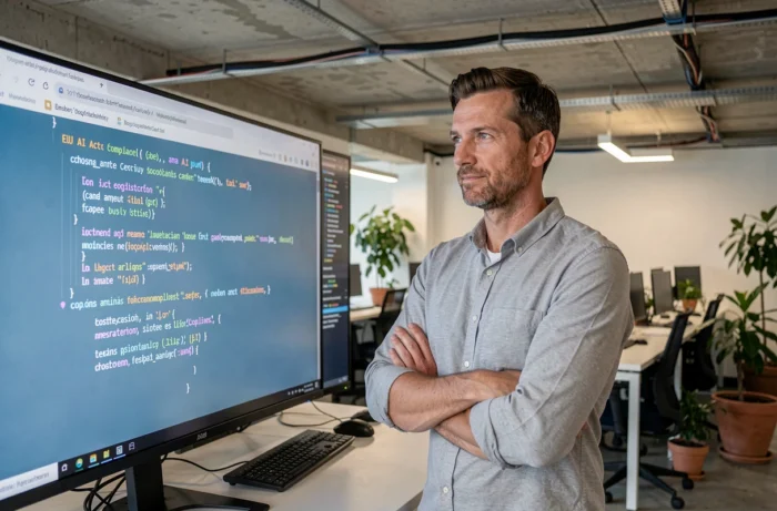 Ingénieur logiciel français examinant un écran de code et les exigences de conformité à la loi européenne sur l'IA