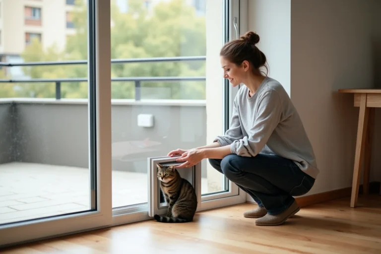 Femme installant une chatière amovible sur une porte-fenêtre dans un appartement en location avec un chat tigré à côté d'elle