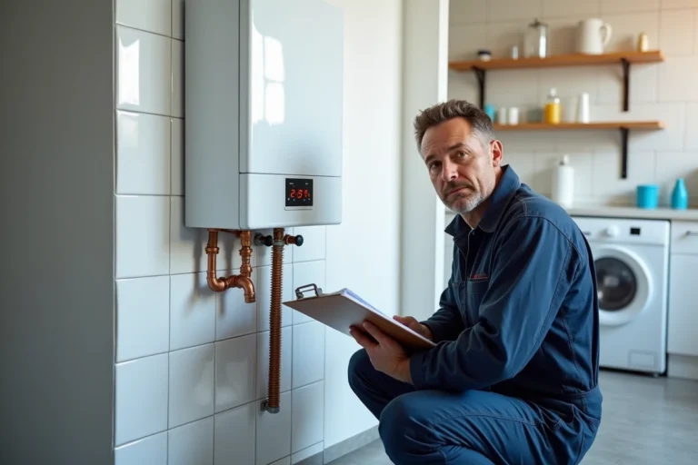 Technicien installant une chaudière gaz murale compacte dans une buanderie résidentielle moderne