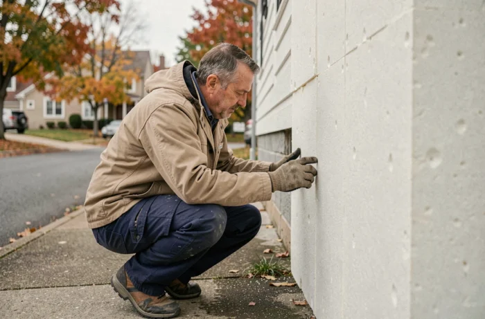 Artisan posant des panneaux d'isolation thermique extérieure sur une maison individuelle