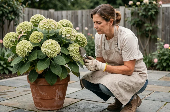 Jardinière examinant un hortensia en pot dont les fleurs sont devenues vertes, cherchant à identifier la cause du changement de couleur pour y remédier