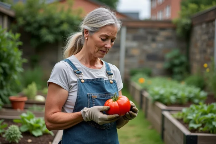 Jardinière d'âge mûr inspectant attentivement une tomate à la peau épaisse dans son potager urbain avec bacs en bois