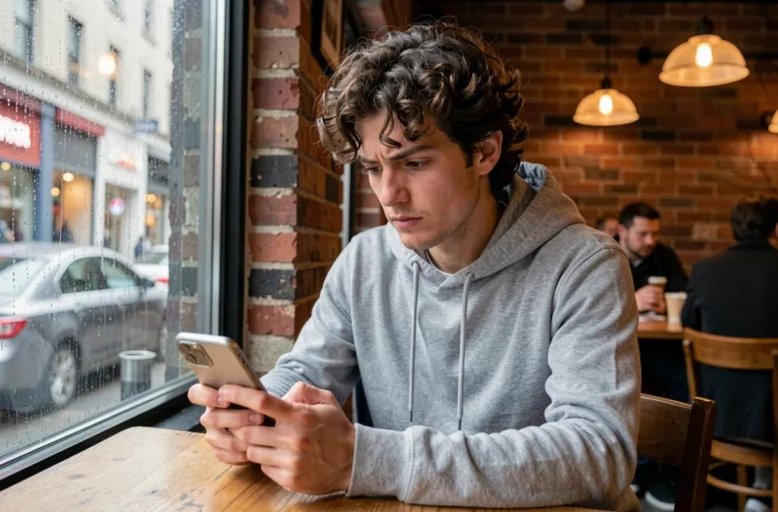 Jeune homme consultant l'actualité politique sur son téléphone dans un café urbain