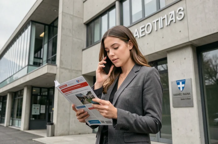 Jeune femme consultant une brochure du Réseau Éducation Suisse devant un bâtiment institutionnel