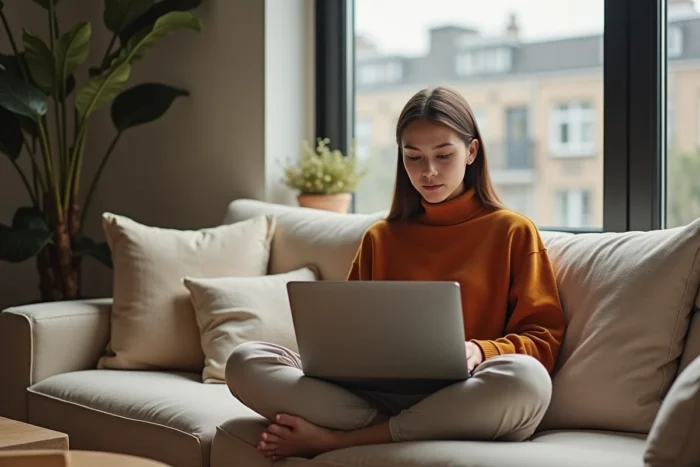 Jeune femme explorant la carte du site Pop Shot sur un ordinateur portable depuis son canapé à la maison