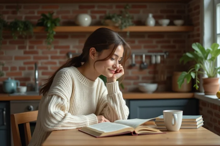 Jeune femme lisant un roman à la table de cuisine avec une tasse de thé, ambiance cosy et détendue, loisir lecture à la maison