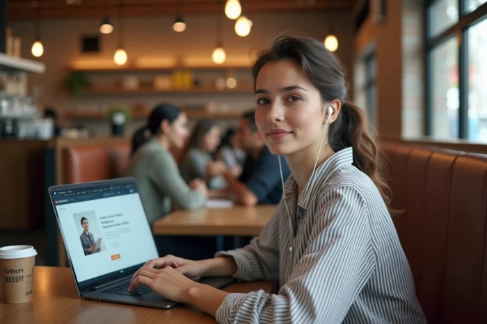 Jeune femme utilisant les coordonnées du service client Ouigo sur son ordinateur dans un café