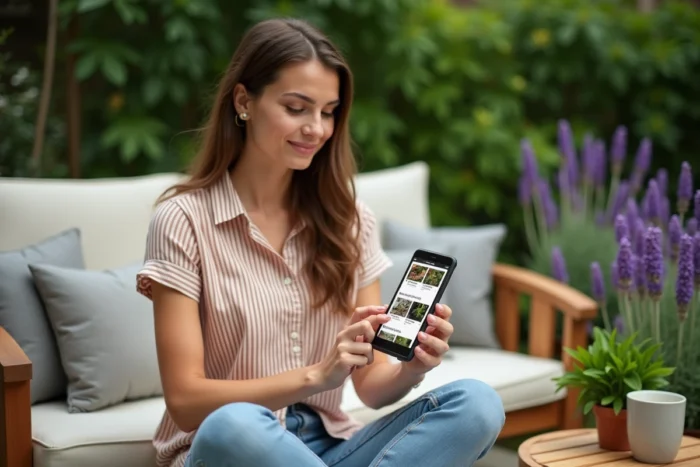 Jeune femme utilisant un smartphone pour naviguer sur le plan du site d'une jardinerie depuis sa terrasse