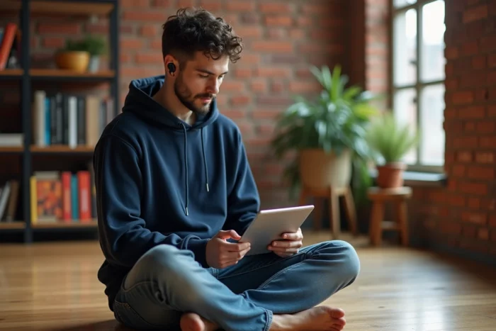 Jeune homme utilisant une application de traduction instantanée sur tablette dans un bureau à domicile