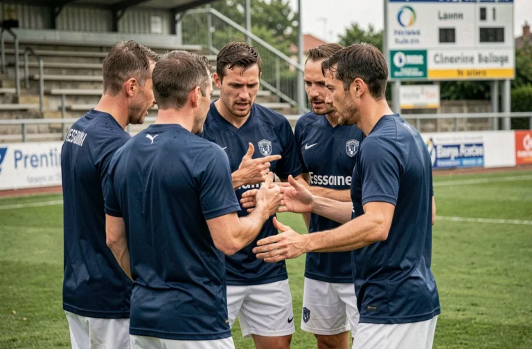 Joueurs de football amateurs du district 91 en réunion tactique sur le terrain lors d'un match de championnat