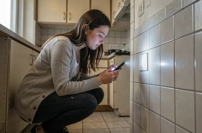 Locataire utilisant la lampe de son smartphone pour inspecter une prise électrique lors d'un état des lieux sans courant