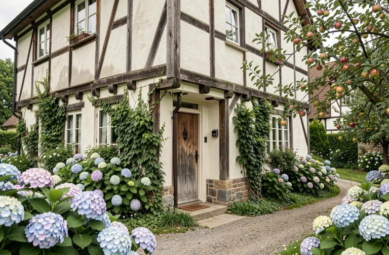 Façade authentique d'une maison d'hôtes normande à colombages entourée d'un jardin fleuri avec hortensias et pommiers