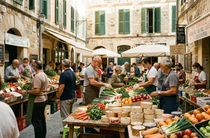 Marché de rue animé dans le quartier du Panier à Marseille avec des commerçants et habitants de différentes origines