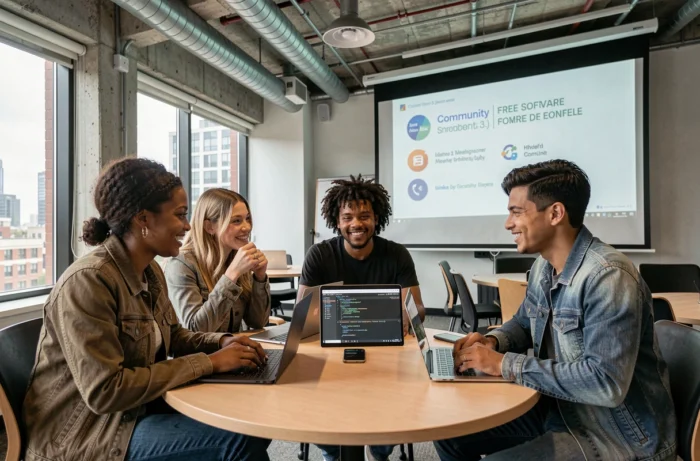 Groupe de jeunes professionnels discutant de tendances logiciels libres lors d'un meetup technologique urbain