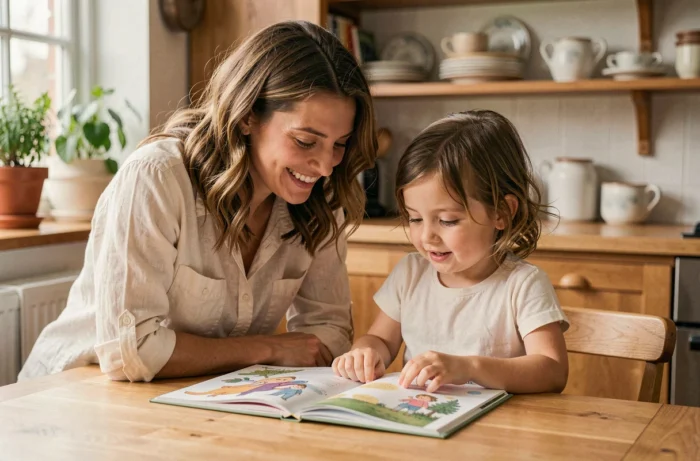 Mère et fille partageant un moment de lecture complice à la table de cuisine en bois, illustrant l'accompagnement parental au quotidien