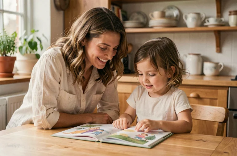 Mère et fille partageant un moment de lecture complice à la table de cuisine en bois, illustrant l'accompagnement parental au quotidien
