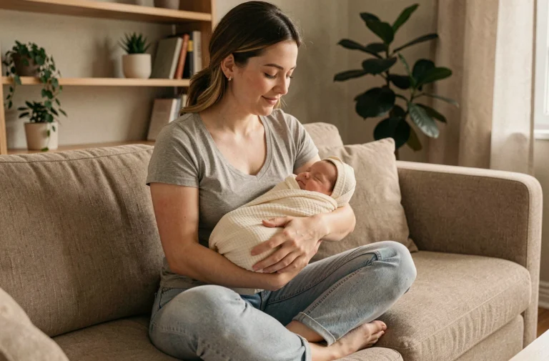 Jeune mère tenant son nouveau-né dans ses bras sur un canapé scandinave, illustrant les conseils pour accompagner les parents avec bébé