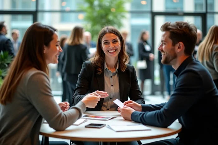 Groupe de professionnels échangeant des cartes de visite lors d'un événement de networking pour la recherche d'emploi