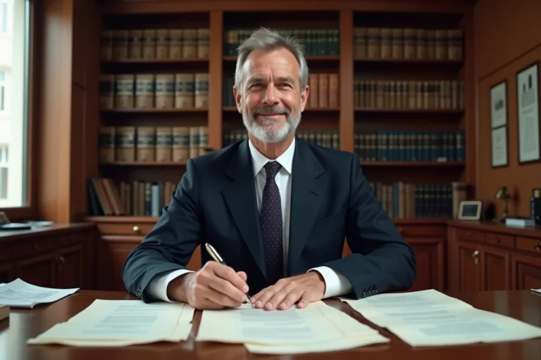 Notaire assis à son bureau avec des documents officiels pour un achat de terrain non constructible