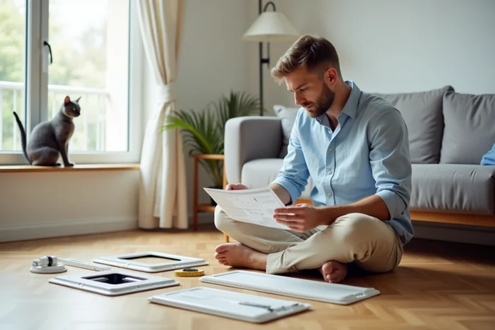 Homme lisant la notice d'installation d'une chatière amovible avec les pièces détachées étalées sur le parquet d'un appartement en location