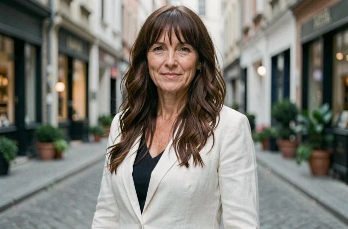 Femme mature aux longues ondulations naturelles et frange rideau châtain dans une rue pavée européenne, coiffure tendance 2026