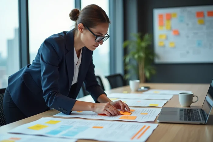 Femme professionnelle réorganisant des diagrammes de sitemap sur une table de réunion en entreprise B2B