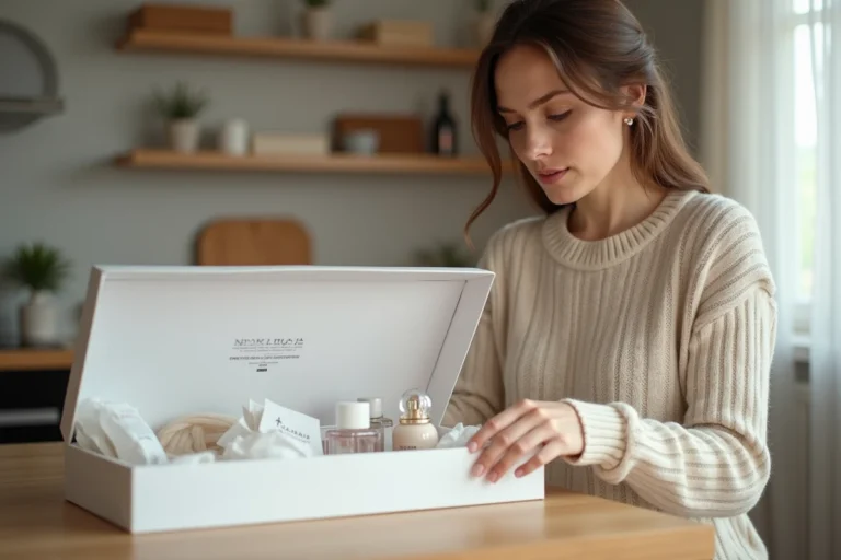 Femme ouvrant un colis de cosmétiques Space NK livré à domicile en France sur une table en bois