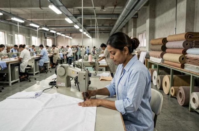 Ouvrière textile cousant des vêtements dans une usine de fabrication Zara, montrant les conditions de production de la fast fashion