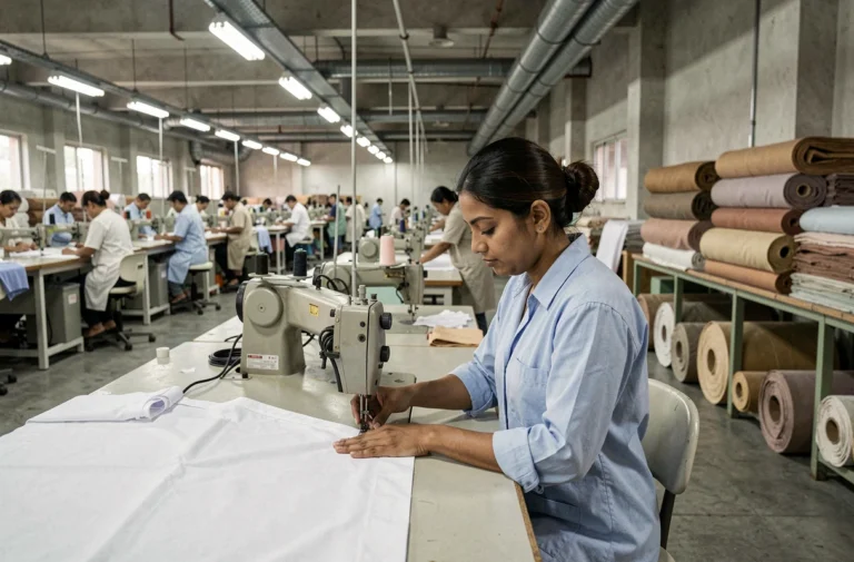 Ouvrière textile cousant des vêtements dans une usine de fabrication Zara, montrant les conditions de production de la fast fashion
