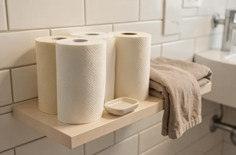 Rouleaux de papier toilette premium disposés sur une étagère de salle de bain moderne avec accessoires en céramique et lin