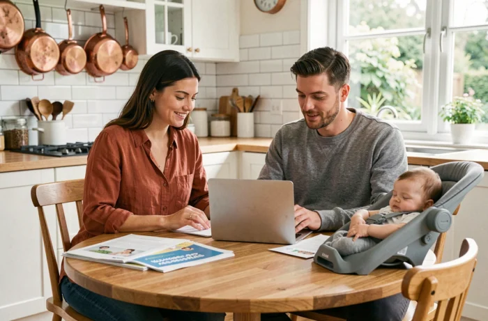 Couple de parents consultant des guides et ressources sur ordinateur portable en cuisine pendant que leur bébé dort dans un transat