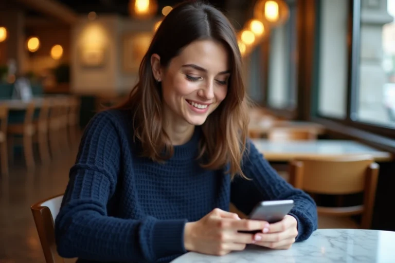 Femme utilisant son smartphone dans un café parisien pour partager sa localisation Michelin avec ses proches