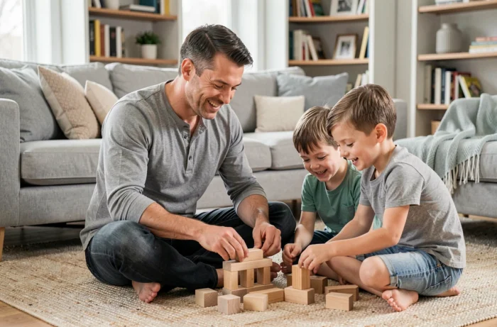Père jouant avec ses deux fils sur un tapis du salon autour de blocs de construction en bois, représentant l'engagement paternel dans l'éducation quotidienne