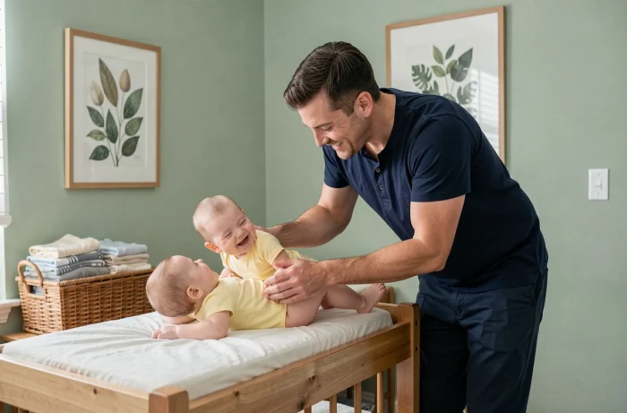 Père habillant son bébé de quatre mois sur une table à langer en bois dans une chambre de bébé décorée avec soin