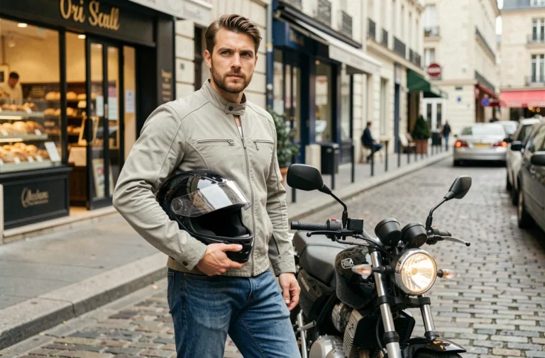 Homme avec un permis B posant à côté d'une moto 125 cm3 dans une rue urbaine française