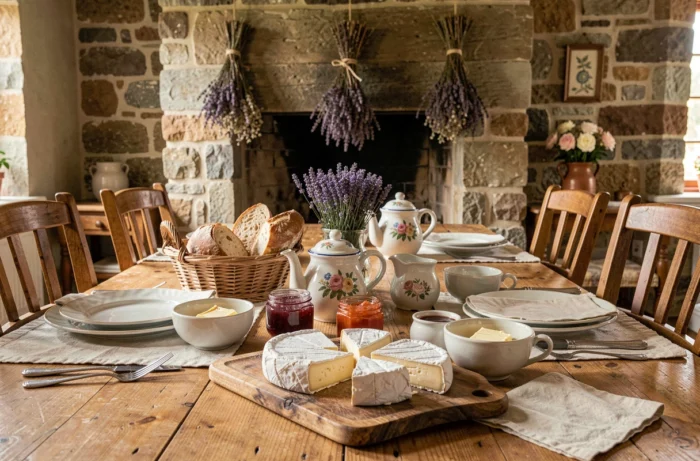 Petit-déjeuner normand copieux avec fromages locaux, pain artisanal et confitures maison servi dans une salle à manger en pierre d'une maison d'hôtes