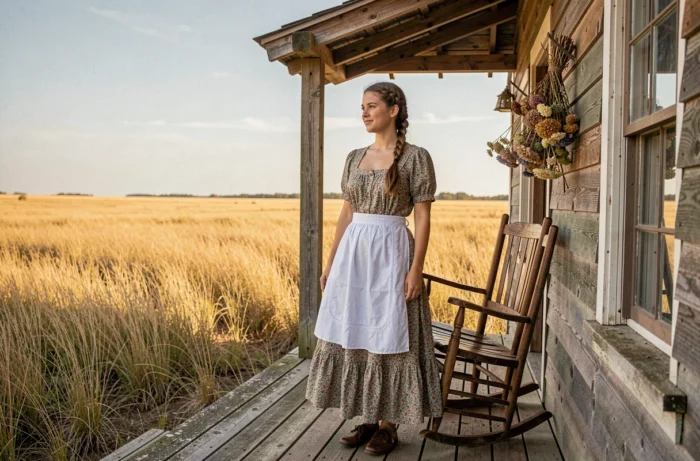 Jeune femme en robe de pionnière sur le porche d'une ferme en bois au milieu des prairies américaines du XIXe siècle