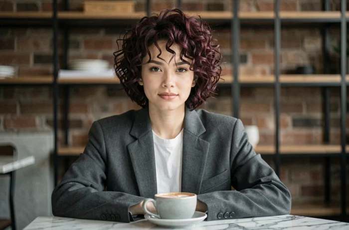 Jeune femme avec un pixie cut bouclé volumineux bordeaux dans un café au décor industriel, tendance coiffure 2026