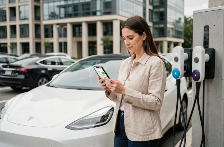 Femme planifiant un trajet en voiture électrique sur smartphone à une borne de recharge urbaine