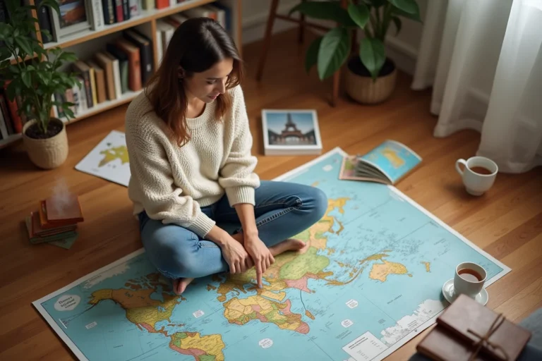 Femme planifiant un voyage autour du monde entourée de cartes et carnets de voyage dans un appartement cosy