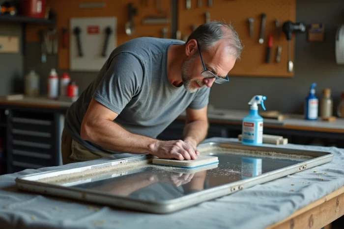 Homme ponçant le tain abîmé d'un grand miroir ancien posé à plat dans un garage