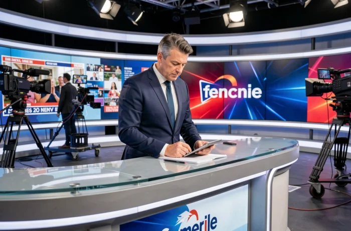 Présentateur de télévision française sur un plateau de tournage professionnel
