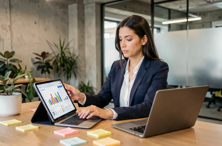 Professionnelle analysant des tableaux de bord de marketing digital sur une tablette dans un bureau moderne