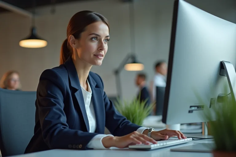 Professionnelle analysant des données de marketing digital sur un écran incurvé dans un bureau moderne et lumineux